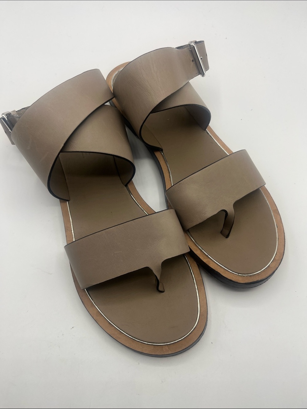Vince Taupe Leather Crossover Sandals